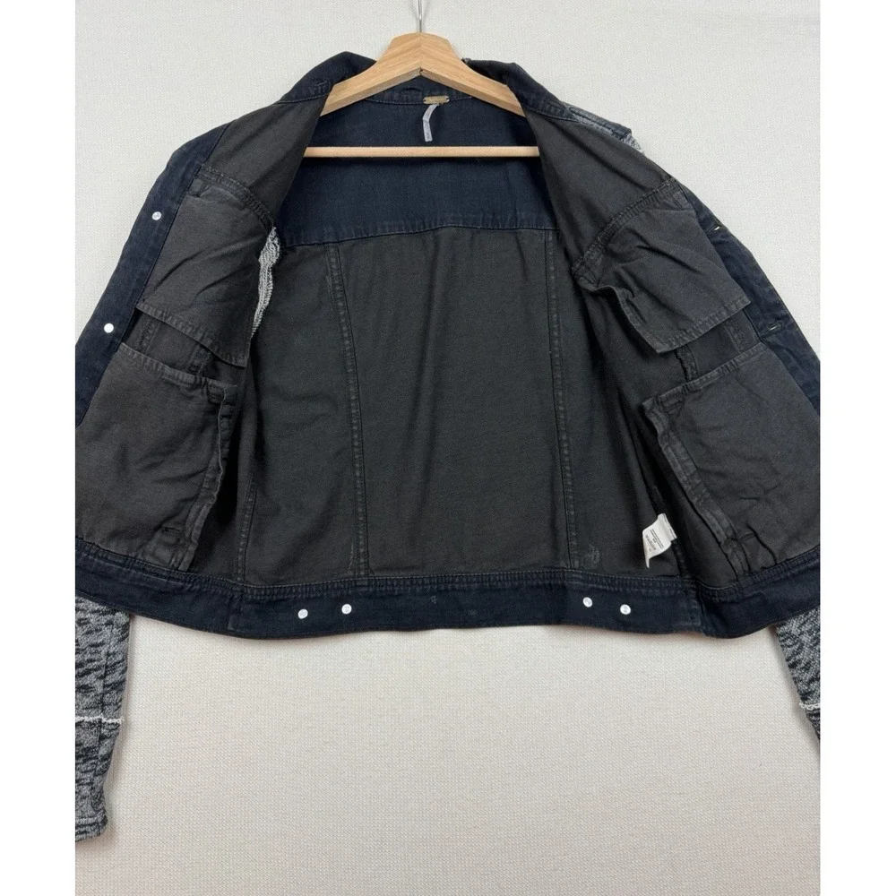 Free People Women's Black Distressed Jean Jacket Sweatshirt Sleeves No Hood Sz M